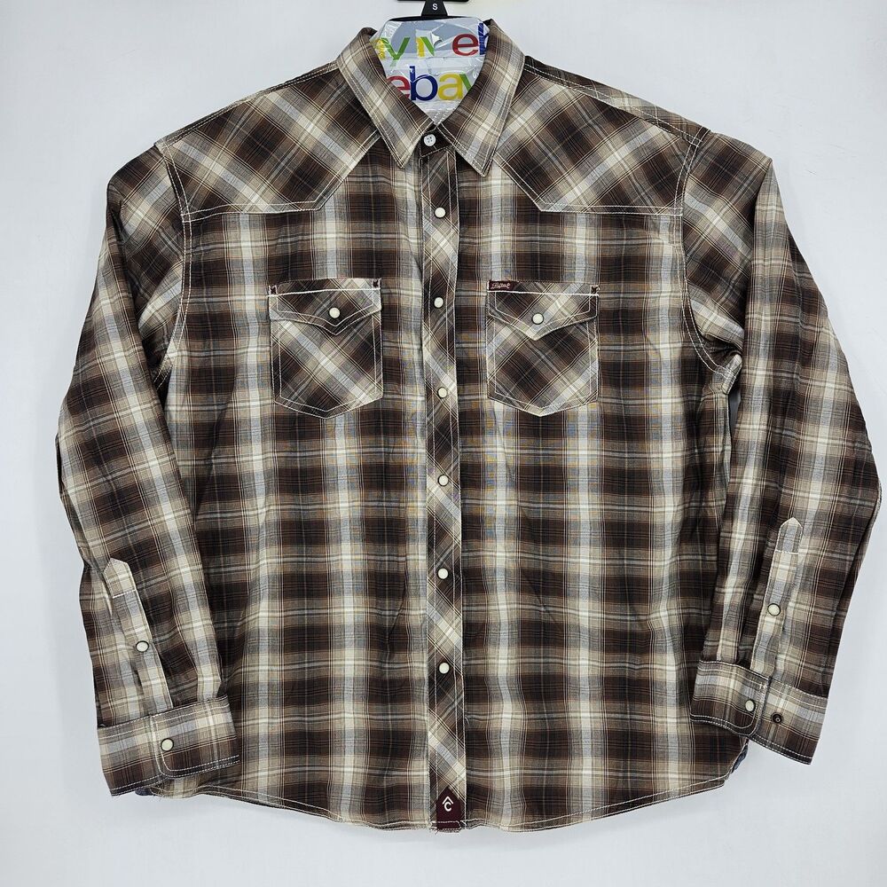 Rafter C‎ Shirt Mens 2XL Brown Plaid Pearl Snap Western Long Sleeve Rodeo Cowboy